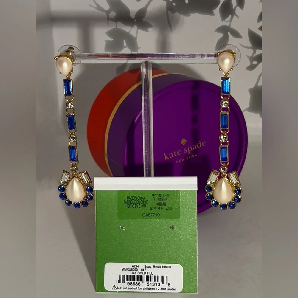Kate Spade NY "Sunrise Cluster" Collection Chandelier Earrings Sapphire Blue - Picture 4 of 5